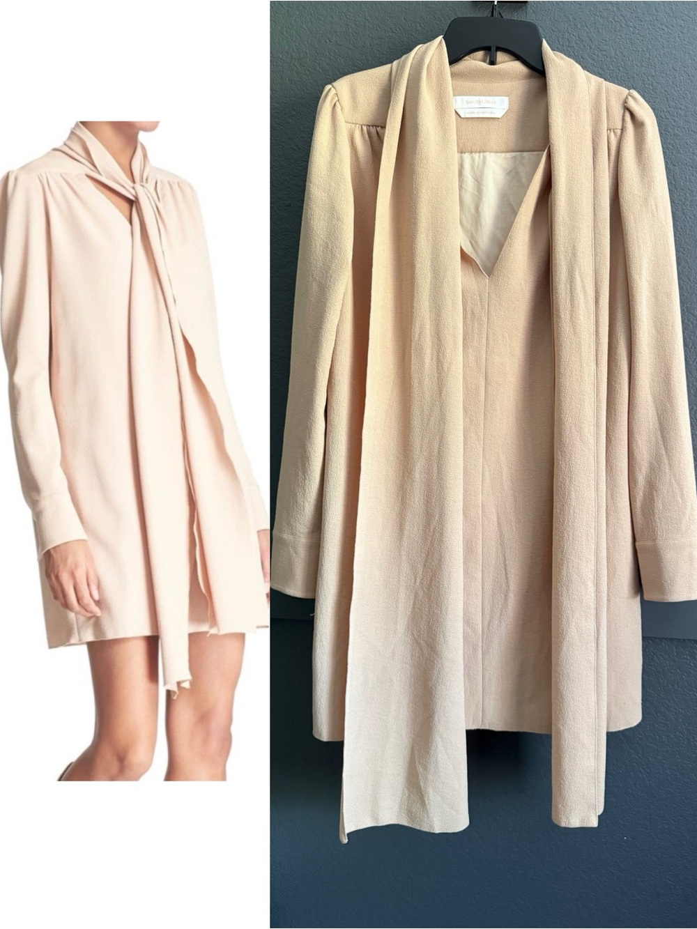 SEE BY CHLOE • Front tie bow Long-Sleeve Tie-Neck Dress in nude tan size 38 6/8